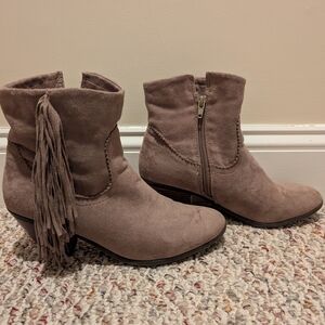 Suede Fringe Ankle Boots - Tan